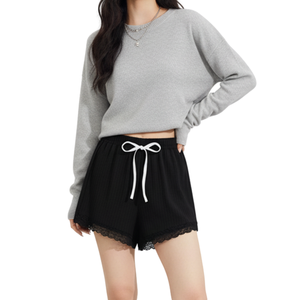 Women Casual Ribbed Knit <b>Lace</b> Trim Quick Dry Breathable High Drawstring Shorts <b>Elastic</b> Design Summer Lounge Wear OEM - Product Image 1