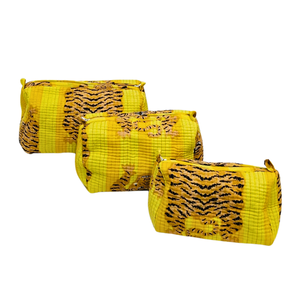 Sac cosmétique durable à rayures tigre imprimé bloc pochette en coton jaune - Product Image 4