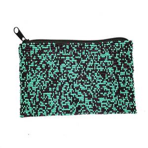 Sac à main rectangulaire en coton fait main, orné de perles, avec fermeture éclair, motif floral brodé bleu sarcelle et noir, base en polyester, idéal pour les voyages et les soirées - Product Image 1