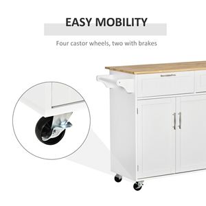 Carrello da Cucina Portatile Bianco con Piano in Legno Resistente e 2 Cassetti - Product Image 6