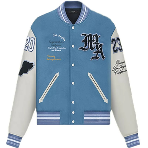 Chaqueta Varsity Azul Claro para Hombre con Letra A Bordada y Parches, Estilo Preppy, Cuello Camisero, Corte Regular, para Otoño - Product Image 2