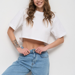 Camiseta Corta de Algodón 100% Ecológico para Mujer al por Mayor con Logo Personalizado, Ajuste Holgado, Hombro Caído, Secado Rápido - Product Image 1