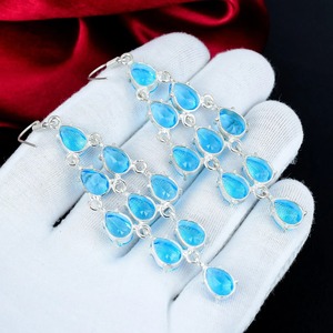 Boucles d'oreilles pendantes en argent sterling avec pierre précieuse topaze bleue, style bohème vintage, design géométrique, pour femmes, haute qualité - Product Image 1