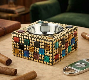 Quemador de Incienso Decorativo con Incrustaciones de Piedra, Cuenco Metálico Ecológico, Soporte de Sándalo Indio para Escritorio, Sala de Estar, Hotel, Bar - Product Image 1