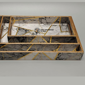 ชุดถาดเสิร์ฟเคลือบสีดำลายเรขาคณิต 3 ชิ้น – ถาดซ้อนกันได้ทำจาก MDF และกระดาษ ปลอดภัยสำหรับอาหาร ดีไซน์ทันสมัยหรูหรา สำหรับห้องครัว ห้องรับประทานอาหาร และตกแต่งบ้าน - Product Image 3