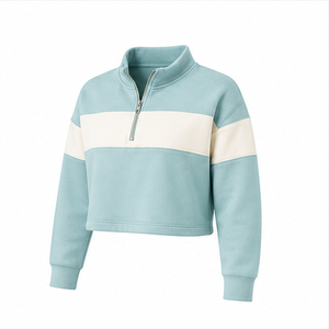 Sweat-shirt court pour femme personnalisable bleu glace, coupe décontractée, demi-zip, avec bande contrastante en molleton de coton - Product Image 3