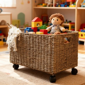 Set of 2 woven seagrass <b>baskets</b> with wheels Handmade <b>Storage</b> <b>Basket</b> Wholesale eco-friendly Made in Vietnam - Product Image 6