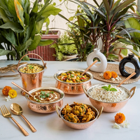 Ensemble de 5 pièces de service à curry en cuivre et acier inoxydable pour table, style Karahi Handi Balti, vaisselle indienne en gros