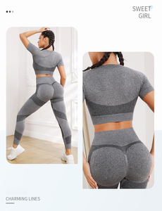 Gray Color Blocking Racerback <b>Crop</b> Top High Waist <b>Leggings</b> 2 Piece Yoga Set Seamless Four-Way Stretch Full Length - Product Image 4