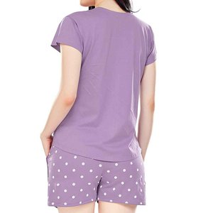 Conjunto de 2 piezas de pantalones cortos morados con lunares para mujer, manga corta, cuello redondo, corte holgado, algodón, informal, para primavera y verano - Product Image 3