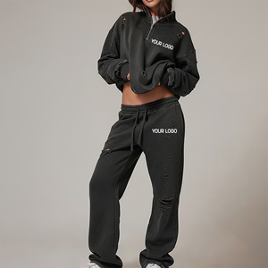 Custom Made 100% Cotton 400g Fleece Solid Embroidered Quarter-Zip Flare Women's Two Piece Streetwear Set <b>Lace</b> Rhinestone Winter - Product Image 5