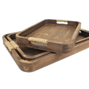 Plateaux décoratifs en bois rustique très demandés, rectangulaires, 2 pièces avec poignées en corde, ensemble de plateaux en bois faits à la main - Product Image 4