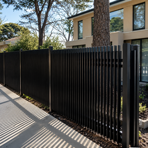 Valla metálica moderna de listones verticales negros con diseño minimalista, poste seguro y un aspecto exterior residencial contemporáneo y elegante. - Product Image 6