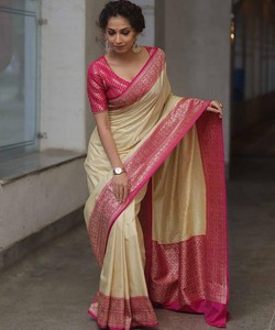 Sari tradicional indio de seda con borde rosa y blusa para bodas, sari largo hasta el suelo para mujer de la India y Pakistán - Product Image 3