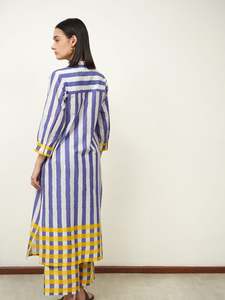 Robe décontractée rayée à manches trois quarts, coupe ample, avec bordure contrastée et col rabattu, tenue d'été, belle robe - Product Image 2