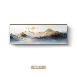 Impression sur soie de paysage minimaliste, scène de montagne avec soleil et oiseaux, cadre en bois, art d'intérieur NUI3-2, origine Vietnam, fabriqué en usine - Product Image 1