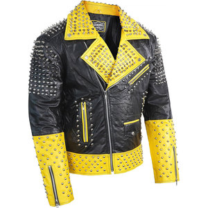 Men's Black Yellow Two Tone Real Leather <b>Punk</b> <b>Jacket</b> Silver Spiked Studded Gothic Biker Heavy Metal Outerwear - Product Image 1