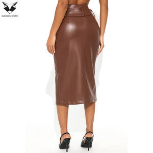Faldas y Pantalones de Cuero Marrón Premium con Cinturón, Falda Lápiz con Cierre Frontal y Abertura Lateral, Faldas de Moda Urbana para Mujer - Product Image 2