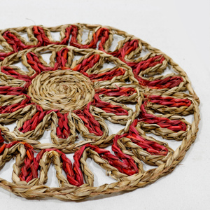 Handmade Round Seagrass Mat Bohemian Design Red and Natural Color <b>Table</b> <b>Placemat</b> - Product Image 2