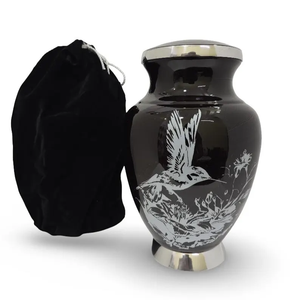 Black Metal Urn <b>Memorial</b> Cremation <b>Keepsake</b> Vase with Silver Lid Bird Floral Design Velvet Bag - Product Image 1