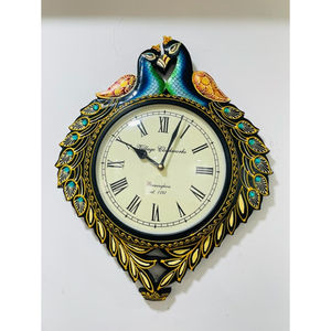 Horloge murale décorative en bois artisanal de style Art Déco avec motif paon et mouvement à quartz - Product Image 2