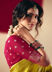 NUEVO SAREE TEJIDO CON BLUSA PARA FIESTAS Y BODAS, PRECIO AL POR MAYOR, PRENDAS ÉTNICAS, DORADO - Product Image 4