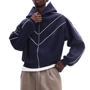 Sudadera con Capucha para Hombre, Color Azul Marino, Corte Holgado, Diseño con Rayas Blancas, Cierre Frontal con Cremallera, Estilo Casual para Otoño, Material de Felpa Tejida - Product Image 1