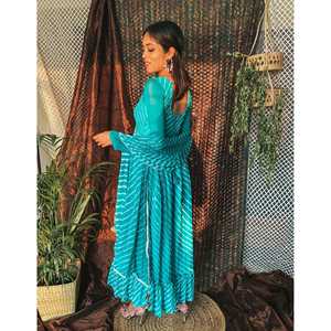 Robe Fusion en Chiffon Bleu Cadet Coupe A-Line XS Maxi Leheriya avec Taille Empire et Caractéristique Respirante - Product Image 4