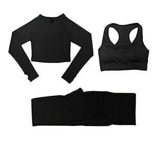 Ensemble de yoga 3 pièces pour femme : Soutien-gorge de sport dos nageur, Crop top et Legging long, Noir uni, Respirant, Sans couture, Tenue de sport - Product Image 1