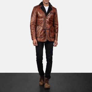 Veste en cuir marron pour homme avec boutons recouverts de fourrure et demi-zip, col rabattu en fourrure, meilleure veste en cuir pour homme - Product Image 5