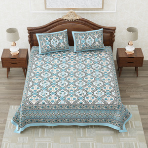 Jaipuri Heritage King Size Cotton Bedsheet Blue Ethnic Floral Pattern <b>Bed</b> Cover for Home Hotel and Resort - Product Image 1