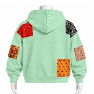 Sweat à capuche zippé vert menthe en patchwork, coupe oversize, avec patchs imprimés, style streetwear décontracté - Product Image 2