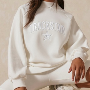 Sweat-shirt oversize à col montant pour femme, blanc uni, avec motif Trackstar, décontracté, à manches longues, pull d'hiver, streetwear - Product Image 1