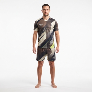 เสื้อฟุตบอลซับลิเมชั่นแบบกำหนดเองสำหรับผู้ชาย แขนสั้น พร้อมกางเกงขาสั้น สำหรับผู้ใหญ่ ผลิตจากโพลีเอสเตอร์ 100% ชุดกีฬา ทรงเข้ารูป - Product Image 1