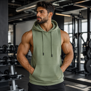 Sweat-shirt à capuche sans manches pour homme, fermeture éclair, noir uni, en molleton bouclette, coupe décontractée d'été, ajustée, respirante, avec poches - Product Image 1