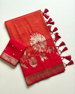 Sari en Soie Jacquard Scintillante Khaddi Crepe Georgette Chinya, Teint à la Main, de Qualité Supérieure, pour Mariage Traditionnel et Diwali, par un Designer - Product Image 1