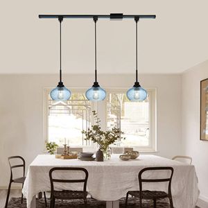 Suspension luminaire sur rail 3 lumières de type H avec abat-jour en verre à effet vague d'eau bleue, éclairage décoratif élégant, lustres et suspensions - Product Image 6