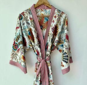 Kimono largo de algodón indio con estampado de pájaros hecho a mano para mujer, cuello en V, manga larga, estilo bohemio, para estar en casa, verano y primavera - Product Image 1