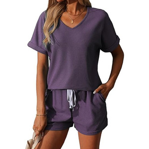 Nouvelle conception, vente en gros, 2 pièces, confortable, 100% coton, uni, vintage, bouton, fermeture éclair, vêtements de nuit d'été pour femme, manches courtes, short - Product Image 1