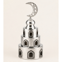 Ornement de luxe en métal martelé argenté, tour de minaret de mosquée avec sommet en croissant de lune, décoration de table Ramadan, Eid Mubarak, écologique