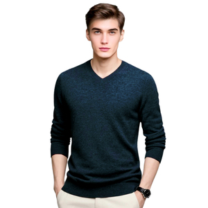 Pull en laine/acrylique gris pour homme, col en V, manches régulières, tricoté, uni, pour l'hiver, anti-boulochage et respirant - Product Image 2