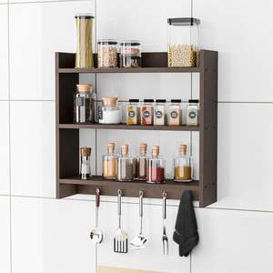 Estante de Cocina para Montar en la Pared con Ganchos |   Estante de Almacenamiento de Madera que Ahorra Espacio para Frascos, Especias, Botellas de Aceite y Vajilla - Product Image 1