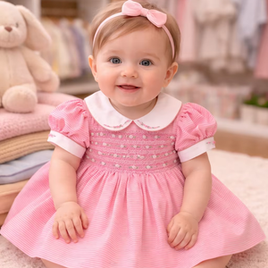 Hermoso vestido rosa a rayas con diseño geométrico y bordado floral para bebés, perfecto para la temporada de verano. - Product Image 1