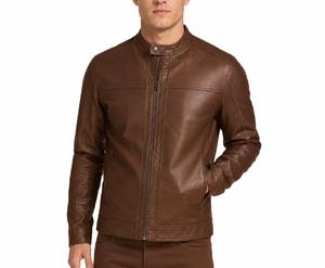 Unisex Genuine <b>Leather</b> Waterproof Moto <b>Jacket</b> Front Logo Stand Collar Zipper Closure Solid Color Autumn Style Slim Fit <b>Brown</b> - Product Image 2