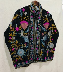 Hand Embroidered <b>Velvet</b> <b>Jacket</b> Mandarin Collar Full Sleeve Floral Pattern Winter Women's Coat - Product Image 3