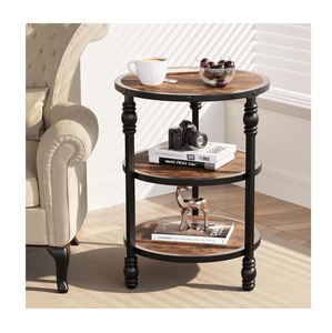 Rustic <b>Round</b> Wood Accent <b>Table</b> with Three Tiers Matte <b>Black</b> Legs Living Room <b>Side</b> <b>Table</b> Indoor Home Decor - Product Image 2