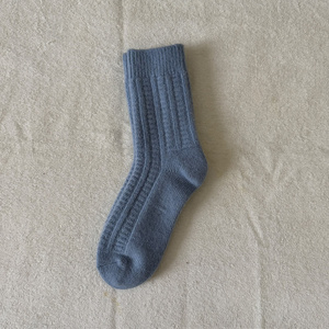 Wholesale Light Blue Ribbed Crew <b>Socks</b> 100% Mongolian Sheep Wool Knitted <b>Winter</b> Warm <b>Thick</b> Vertical Stripe <b>Socks</b> for Women - Product Image 2