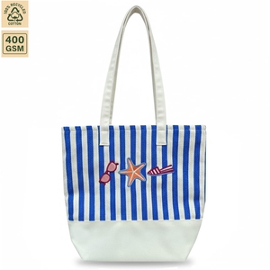 Custom Embroidered 12 Oz Striped <b>Canvas</b> Beach Tote Bag 35x29x12 cm Zipper Jute Handles Wholesale OEM ODM Manufacturer Exporter - Product Image 1