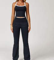 Ensemble de yoga rose deux pièces : haut court dos nu et pantalon évasé taille haute, couleur unie, respirant, écologique, séchage rapide, Spandex/Nylon