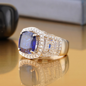 Mens Sapphire Blue <b>CZ</b> <b>Ring</b> 14K Gold VVS-VS DEF Statement Band Prong-Set Gemstone Cut Fine Jewelry for Graduation - Product Image 2